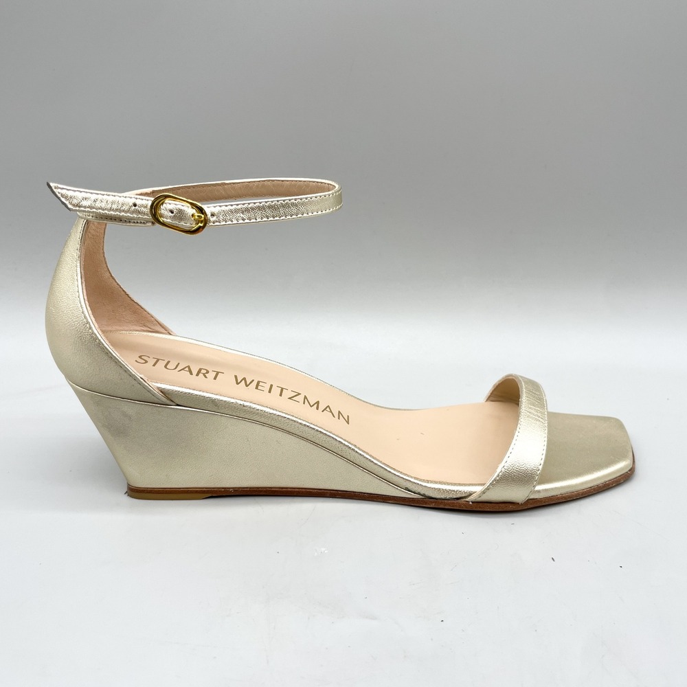 Stuart Weitzman Womens 9.5 Nudistcurve Wedge Sandals Gold Metallic Strappy Glam